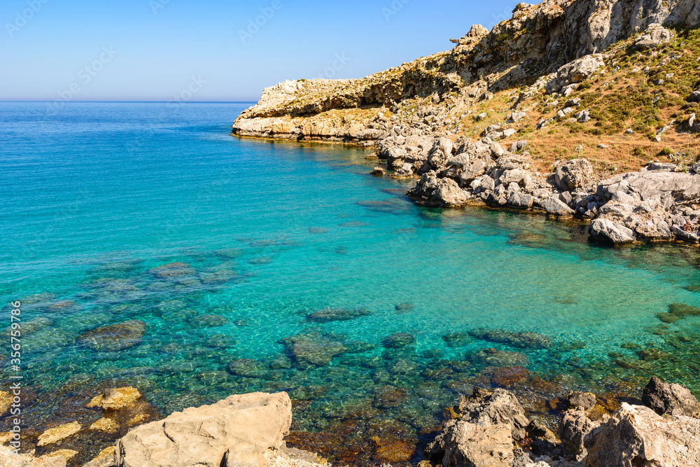 Agathi bay with crystal sea water, one of the best places on Rhodes island, Greece