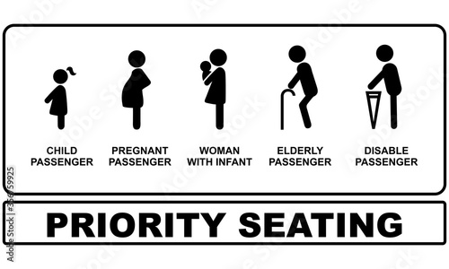 Priority seating sign. Disability, elderly, pregnant and woman with baby. Vector.