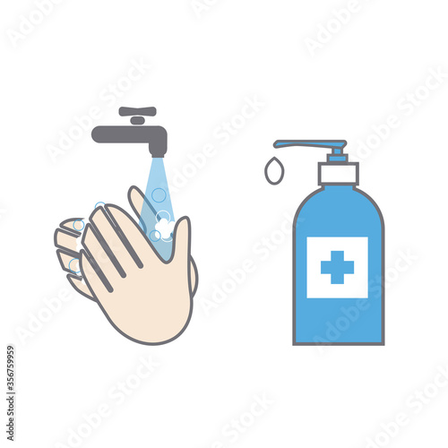 Wash hands and use hygenic gel. Antiseptic product prevention against virus. Hygiene vector icons. photo