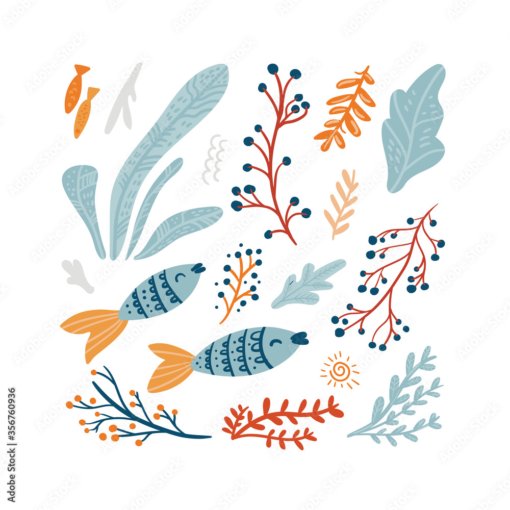 Summer, Beach, Shell, Seaweed, doodle isolated on a white background. Hand draw cartoon Scandinavian nordic design style for fashion or interior or cover or textile or background. Summer, Beach, Shell, Seaweed, doodle isolated on a white background. Hand draw cartoon Scandinavian nordic design style for fashion or interior or cover or textile or background.