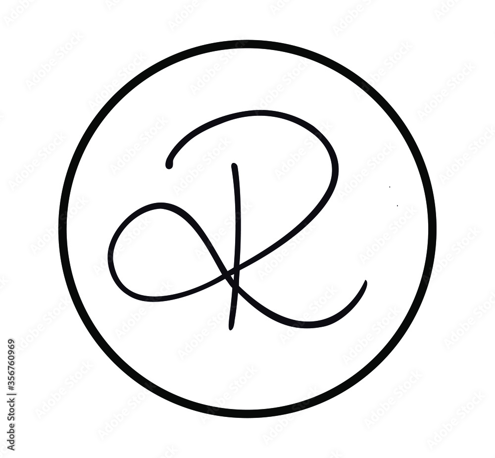 Black letter R in round cirсle vector silhouette line art stamp drawing ...