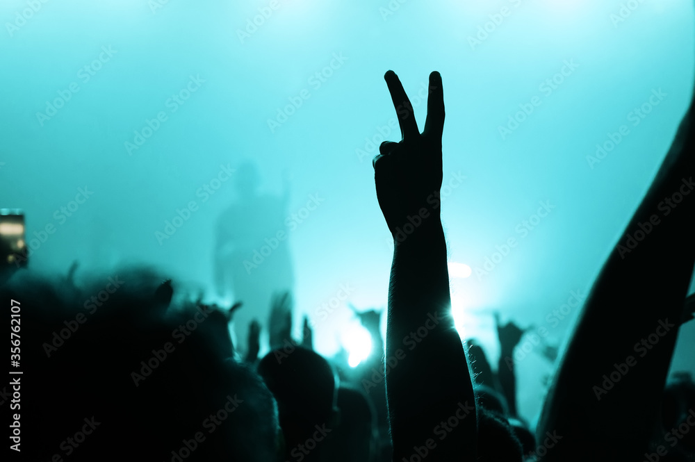 hand of a dancing fan from the crowd at a concert of a popular band. silhouette of a musician on stage in a blue haze. music festival banner