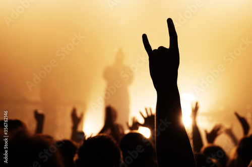 hand with a goat sign of dancing punk from the crowd at a rock concert of a popular band. silhouette of a musician on stage in a blue haze. music festival banner