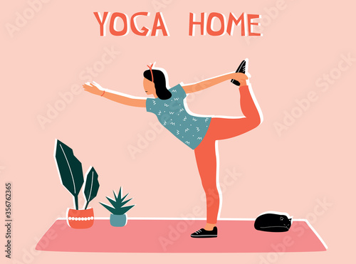 Woman doing yoga at home. Illustration with Natarajasana, dancing Shiva pose.