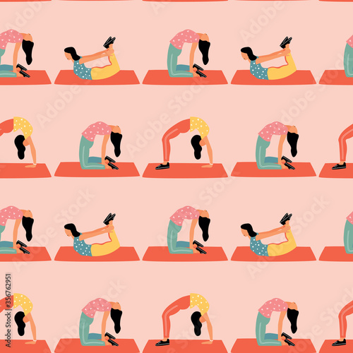 Seamless pattern with woman doing yoga at home. Illustration with different yoga pose.