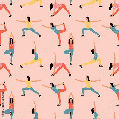 Seamless pattern with woman doing yoga at home. Illustration with different yoga pose. © Anastasiia Komarova
