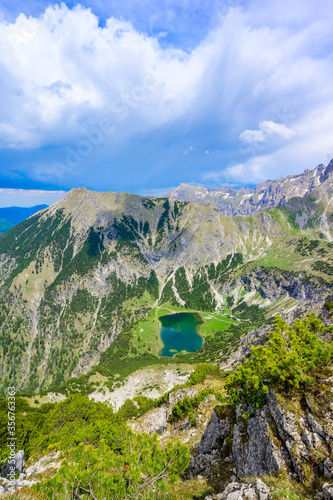 Beautiful landscape scenery of the Gaisalpsee and Rubihorn Mountain at Oberstdorf, View from Entschenkopf, Allgau Alps, Bavaria, Germany photo