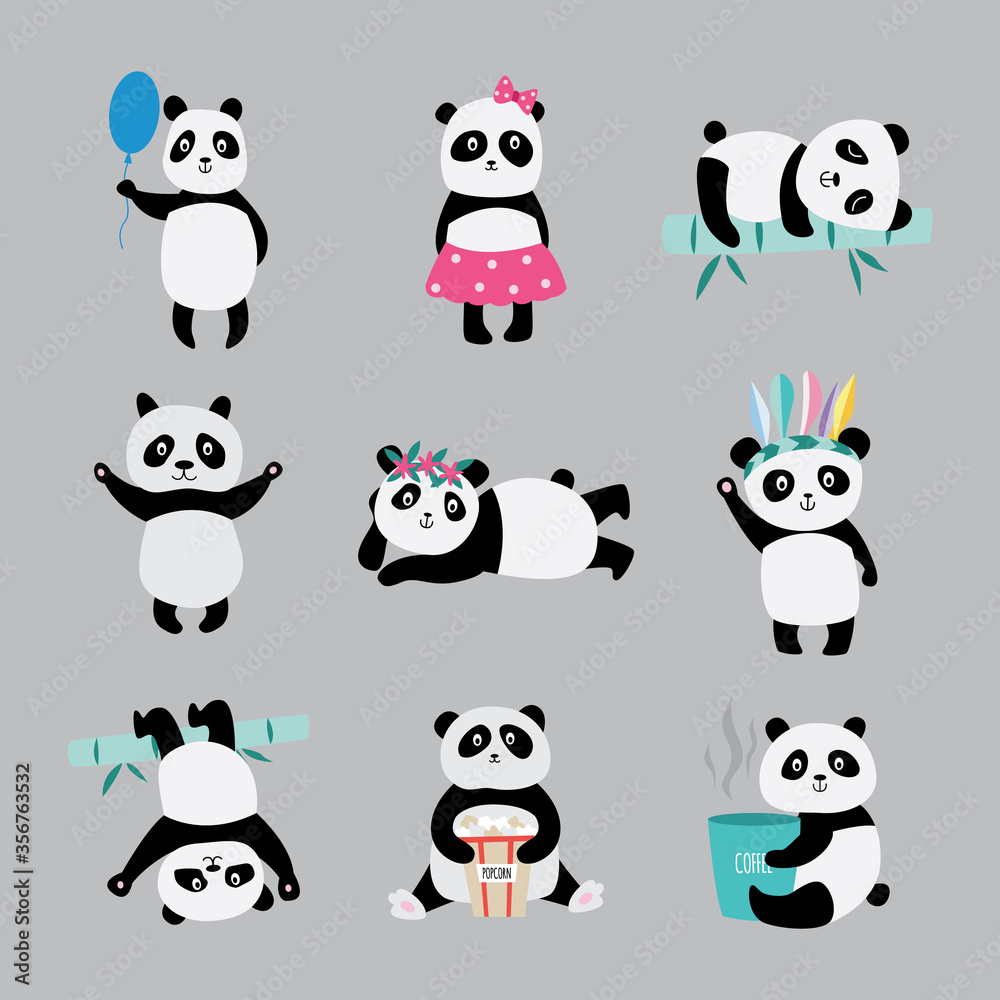 Cute panda bears in costumes playing, eating and sleeping - flat sticker pack Cute panda bears in costumes playing, eating and sleeping - flat sticker pack