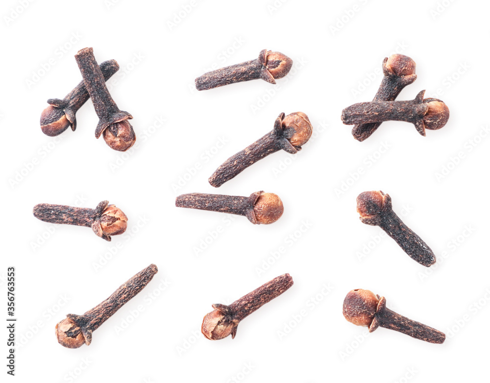 Clove spice closeup set isolated. The view from top Clove spice closeup set isolated. The view from top