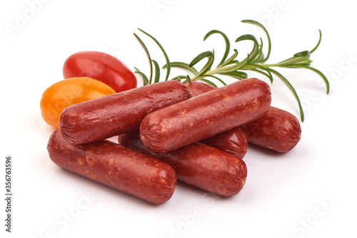 Smoked sausages, isolated on white background