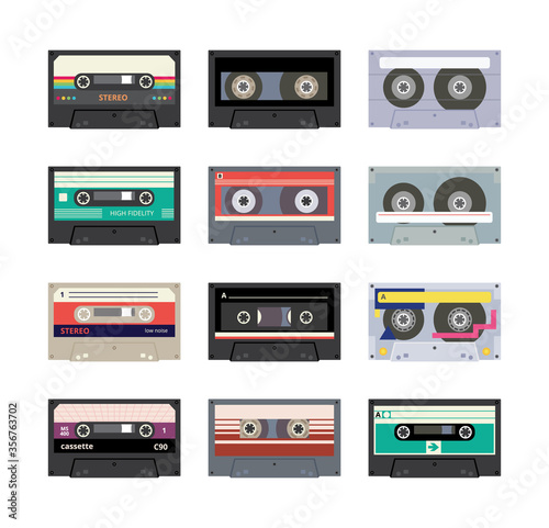 Set sound tapes or music cassettes from 80s - 90s, vector illustration isolated.
