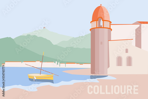A travel poster depicting Collioure, a French fishermen village with a landmark bell tower, a traditional Catalan boat and Fort Saint-Elme at the distance, vector illustration photo