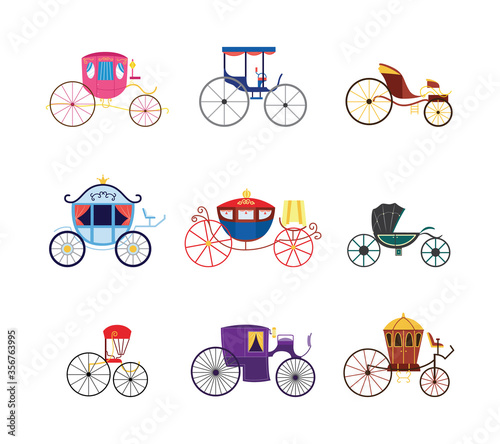 Colorful cartoon vintage carriage and stagecoach, isolated flat set