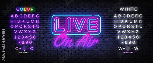 Live on Air Neon Text Vector. Radio On Air neon sign, design template, modern trend design, night signboard, night bright advertising, light banner, light art. Vector. Editing text neon sign