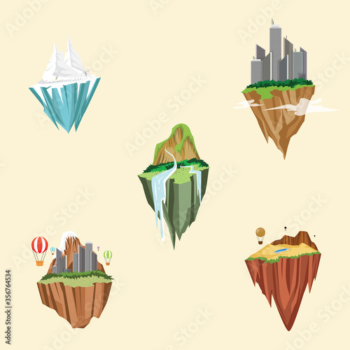 Set of 5 different style floating city with green grass field and cityscape on the rock in sky. Fantasy flying islands. Flat style vector illustration isolated