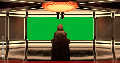  Sci-Fi. Astronaut in a futuristic ship with green background