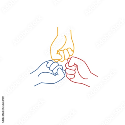 Three fists connect. Line drawing vector illustration.