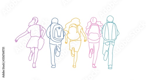 School kids with backpack run to school. Rear View. Rainbow colors in linear vector illustration.