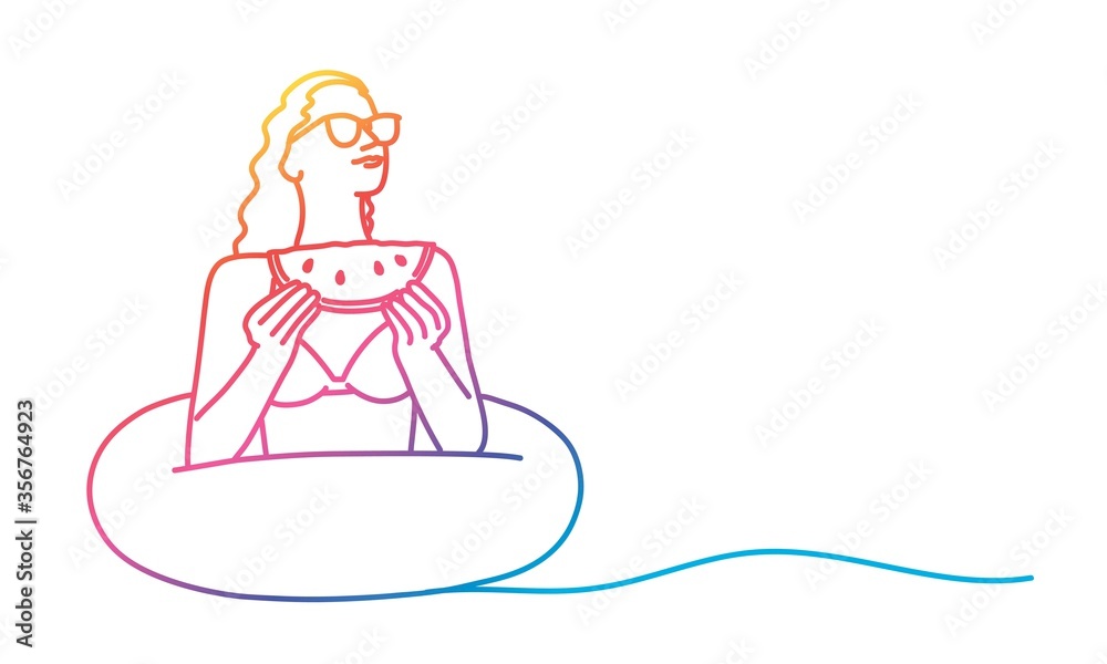 Woman wearing sunglasses with watermelon. Girl in swimming pool on rubber ring. Line drawing vector illustration. Woman wearing sunglasses with watermelon. Girl in swimming pool on rubber ring. Line drawing vector illustration.