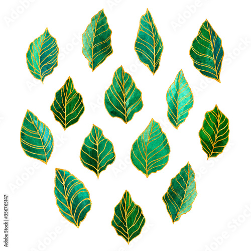 Set of green forest leaves. Gold streaks, freehand lines. Watercolor collection for design of invitations, posters, frames, fashion.