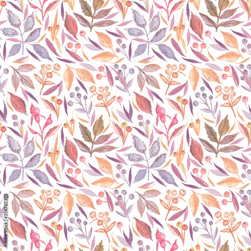 Seamless pattern of tiny leaves and herbs on a white isolated background. Fine texture  many details  pastel color range. Watercolor hand drawn elements.