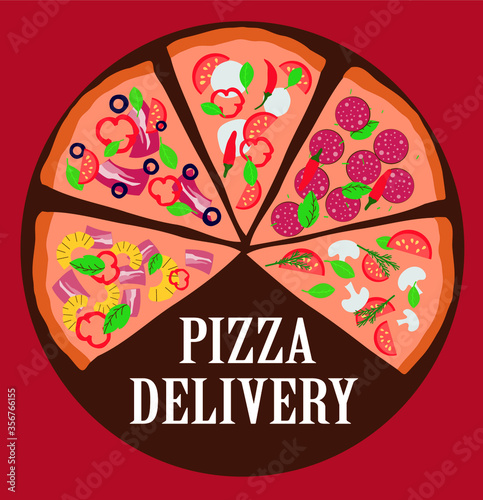 Vector illustration of pizza delivery with slices of pizza