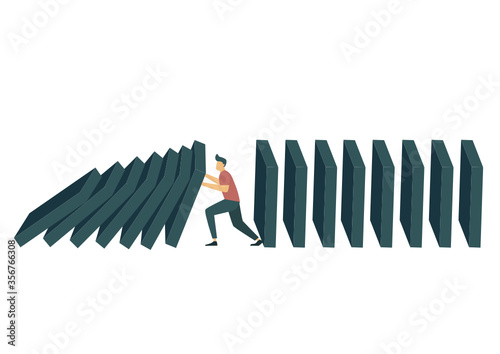 Businessman stop domino effect. Risk management and insurance concept, leadership has solution for problem.