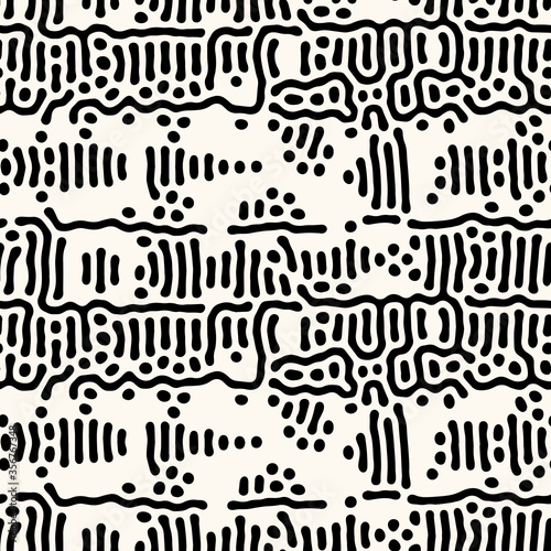 Seamless vector abstract pattern with lines and dots in monochrome. Background of repeatable organic rounded shapes inspired by nature  natural maze texture.