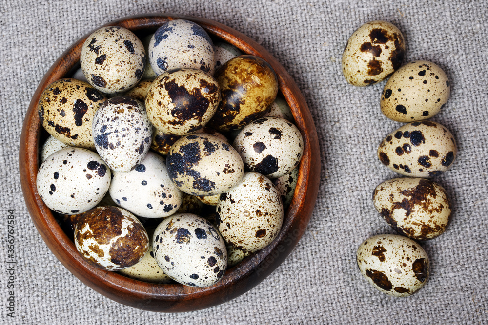 Quail eggs in a round wooden bowl on canvas, close-up, macro. Eggshell stains. Spotted pattern on the eggs. Dietary healthy foods. Egg. Quail eggs in a round wooden bowl on canvas, close-up, macro. Eggshell stains. Spotted pattern on the eggs. Dietary healthy foods. Egg.