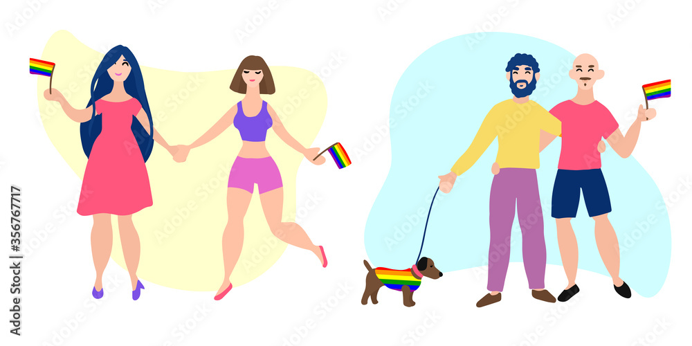Happy gay and lesbian couples going to pride parade. Hand drawn vector illustration. Happy gay and lesbian couples going to pride parade. Hand drawn vector illustration.