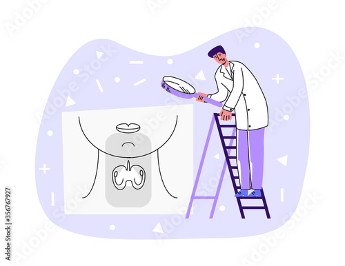 Vector flat illustration doctor standing on staircase, looking through magnifying glass at abstract thyroid gland. Concept endocrinology, hormones. You can use it in banners, social network, etc. 