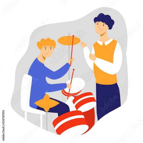 Vector flat illustration child playing drum under supervision of teacher. Concept music schools, studios for children, and music education.