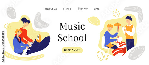 Vector flat illustration layout, template music school landing, homepage. There are menu buttons. Children are shown playing drum and piano under supervision of teacher.