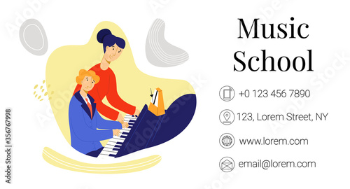 Vector flat illustration layout, business card template of music school with place for information. A child is shown playing piano under supervision of teacher. Suitable for 90x50 format.