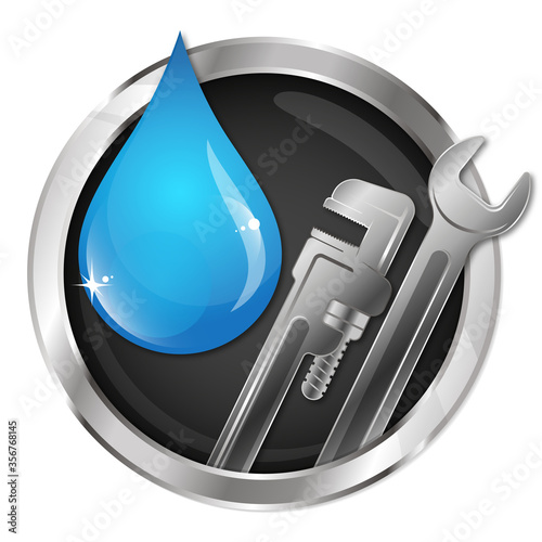 Wrench and water tap water drop symbol for plumbing business