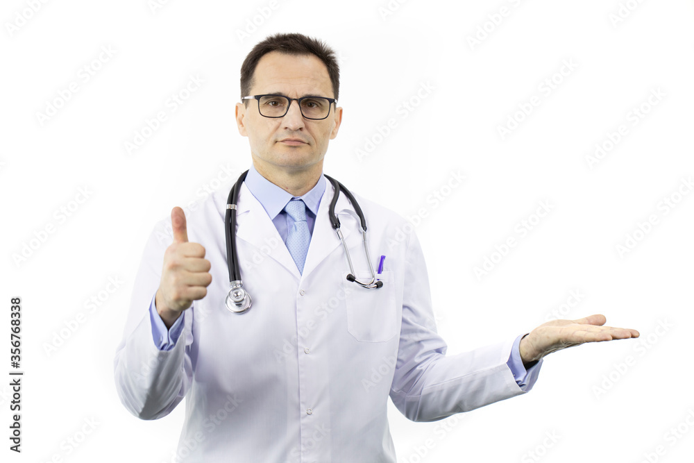 Serious handsome senior age doctor in medical coat and stethoscope showing like sign holding advertised object on opened palm isolated on white background. Healthcare, insurance, medicine ads concept Serious handsome senior age doctor in medical coat and stethoscope showing like sign holding advertised object on opened palm isolated on white background. Healthcare, insurance, medicine ads concept