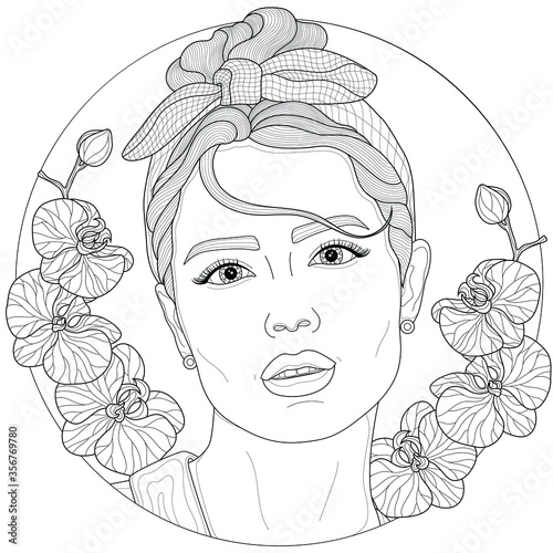 Girl with a rim on her head and orchids around.Coloring book antistress for children and adults. Illustration isolated on white background.Zen-tangle style.Black and white drawing.