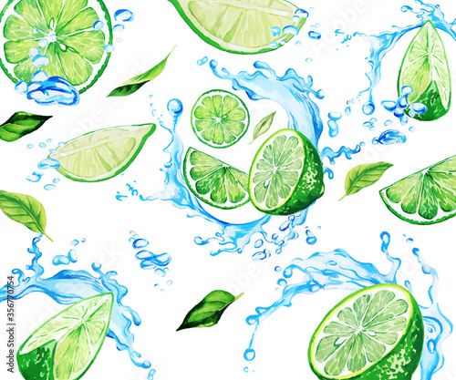 watercolor lime slices and leaves among water splashes