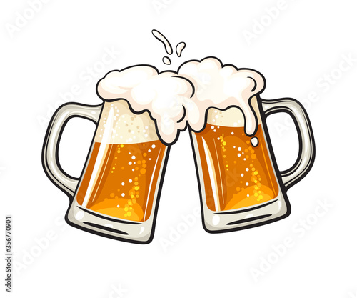 Two toasting beer mugs, Cheers. Clinking glass tankards full of beer and splashed foam