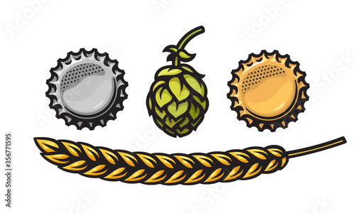 Two beer bottle caps silver and gold, hop cone and barley or wheat ear. Design element for beer prodaction, brewery