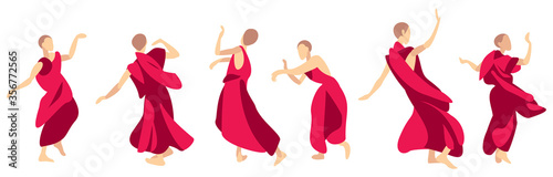 Bhutan monks dance, Tibetan Buddhist monks dancing practice, dynamic human figures isolated on the white background, famous Asian tourism object vector illustration