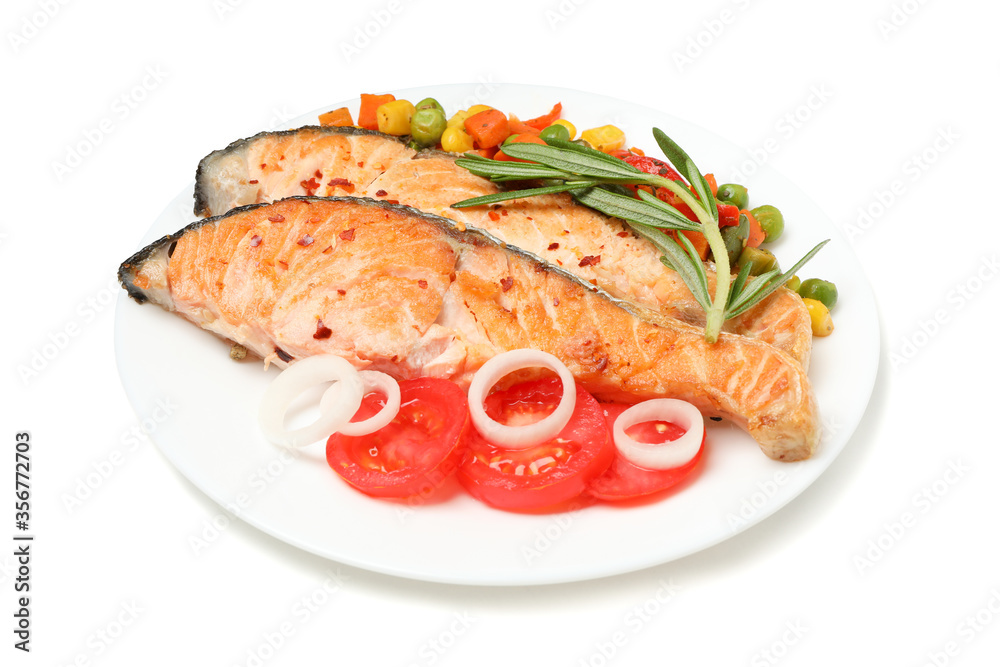 Plate with grilled salmon isolated on white background Plate with grilled salmon isolated on white background