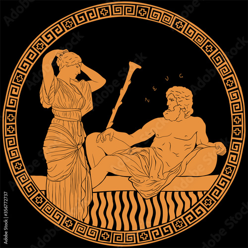 The ancient Greek god Zeus and a young woman a slave. Drawing on the bottom of an antique clay pottery.