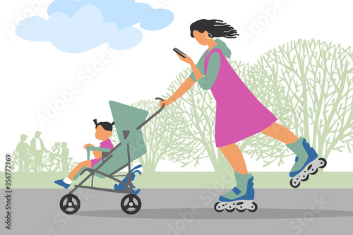 A walk in the Park. A mother on roller skates walks with a child in a stroller. Mom looks at her phone. mother and baby in a stroller on a walk in the city Park. Vector illustration in flat style