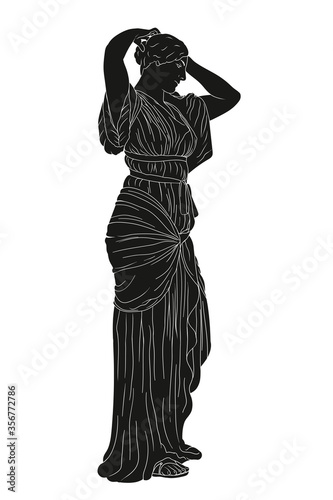 Young beautiful girl in a tunic straightens her hair. Ancient Greek style vector drawing isolated on white background.