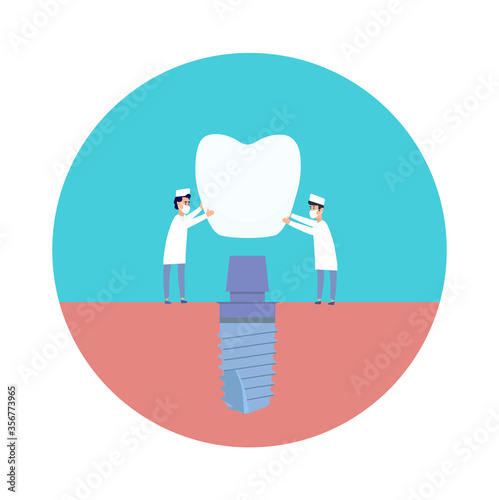 Two dentists perform dental implantation: install the implant on the abutment. Vector illustration, in a flat style. Poster to the clinic, image for instructions for dentists, training books.