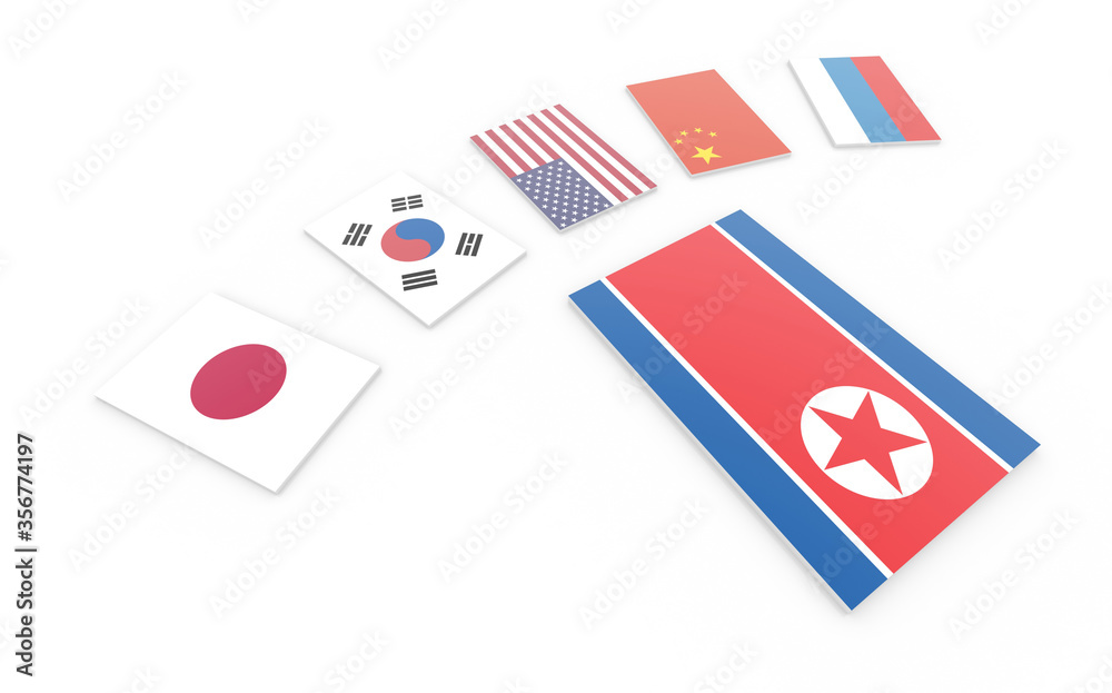 North Korea politics, isolated flags on white. 3d rendering