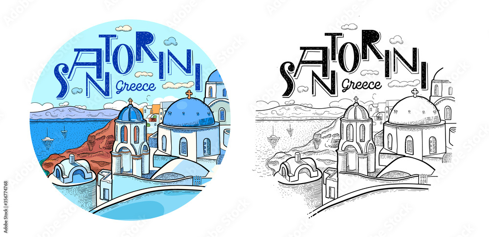 Santorini island, Greece. Beautiful traditional white architecture and Greek Orthodox churches with blue domes over the caldera. Round logo. Vector line art illustration. Color and black and white