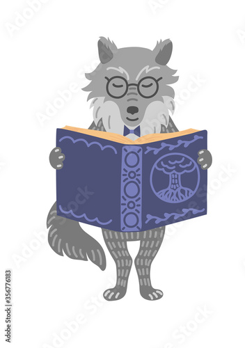 Wise wolf reading fairy-tale book. Storytelling, education, teaching. Children illustration.