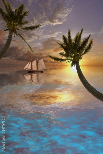 Sailboat in tropical waters. Palm trees and beautiful sunset